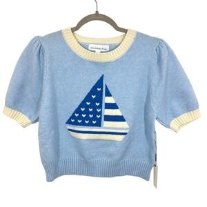 Threaded Leaf Women's Cropped Knit Sweater Blue Sailboat Puff Sleeve Sweater NWT